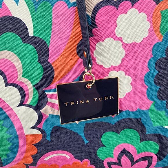 Trina Turk Floral Print Tote Bag 14x11 Floral Navy Pink Green Designer Purse - Picture 4 of 11